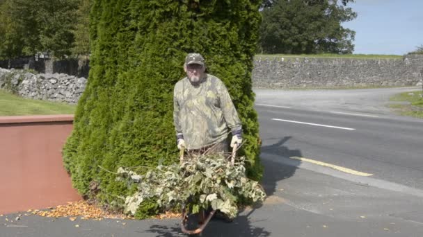 老年男性在他的花园和车道整理清洁叶. — 图库视频影像