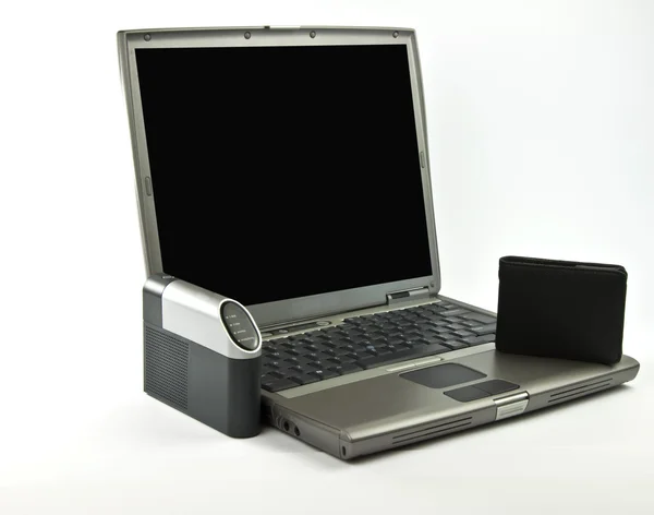 Konzeptfoto schwarz-grauer Laptop mit wan box — Stockfoto