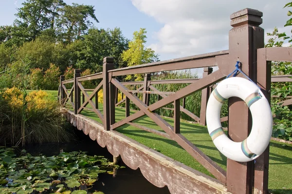 Puente de madera sobre el agua con anillo de vida — Foto de Stock