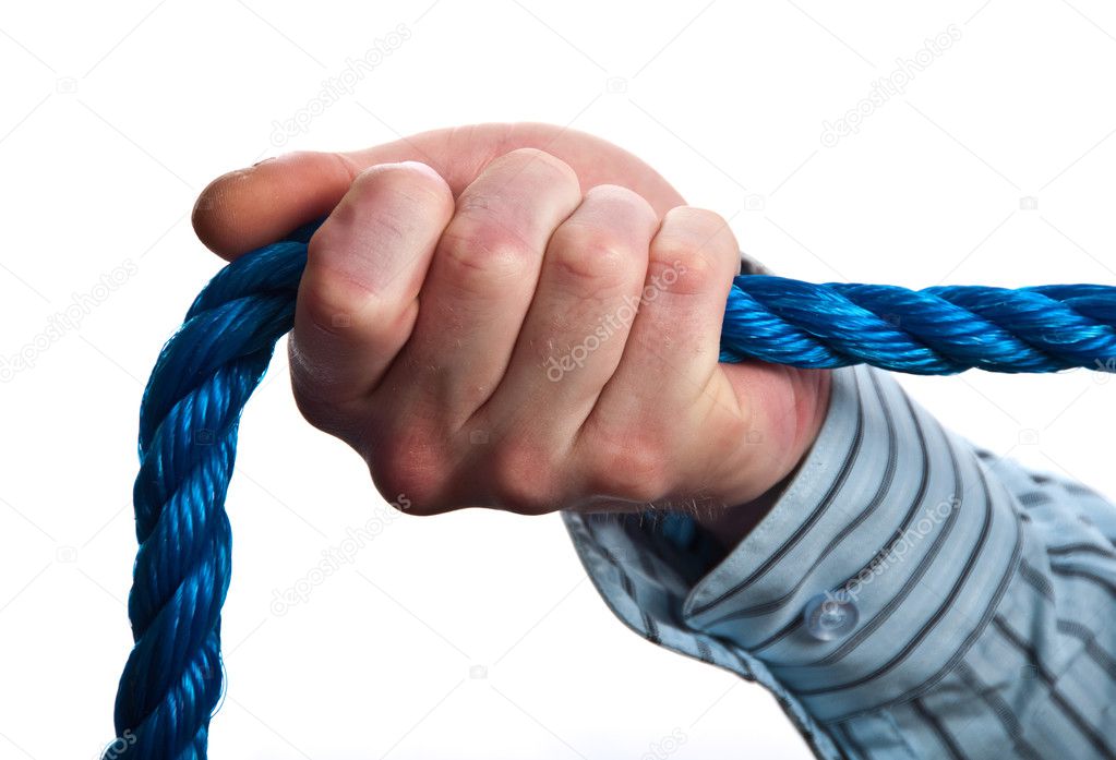 concept male hand on blue rope on white