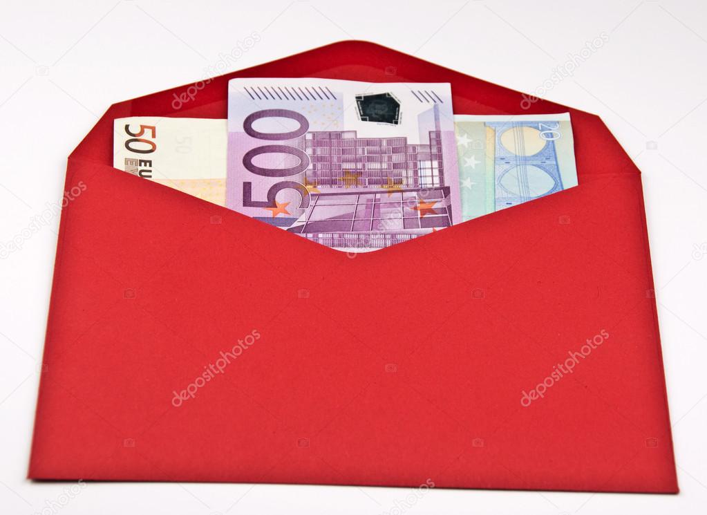 red envelope blank with 500,50,20 euro cash on white