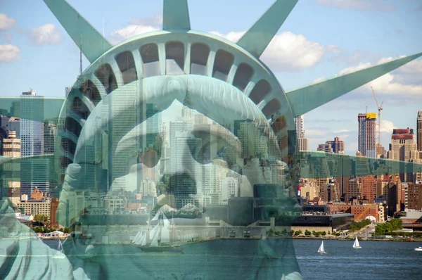 Double exposure new york city cityscape skyline with statue of liberty Royalty Free Stock Photos