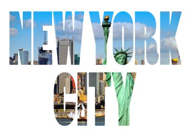 New York şehir adı - ABD seyahat hedef işareti üzerinde beyaz backgr