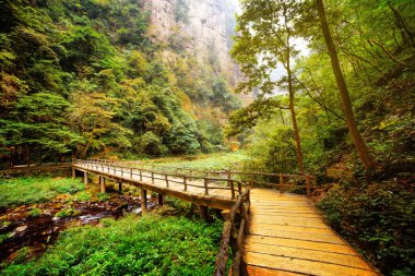 Yellow bridge over mountain river among woods and rocks