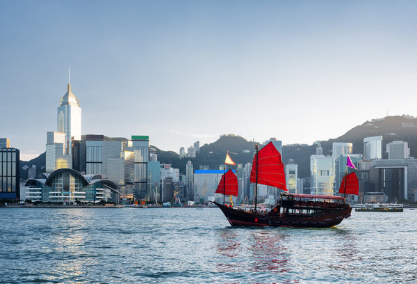 Beautiful view of traditional Chinese sailing ship, Hong Kong