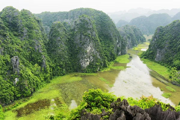 Top view of karst towers, rice fields and the Ngo Dong River — Stock Photo, Image