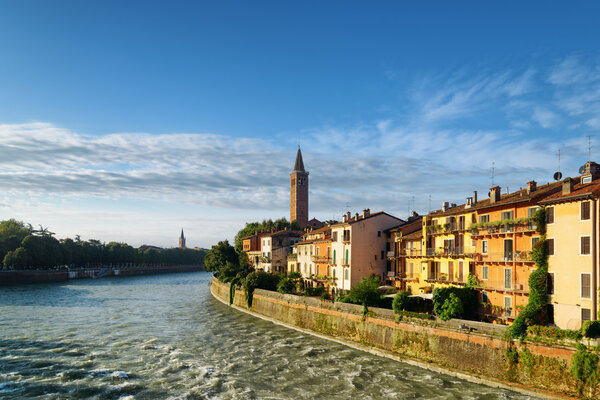 Beautiful houses on waterfront of Adige River, Verona