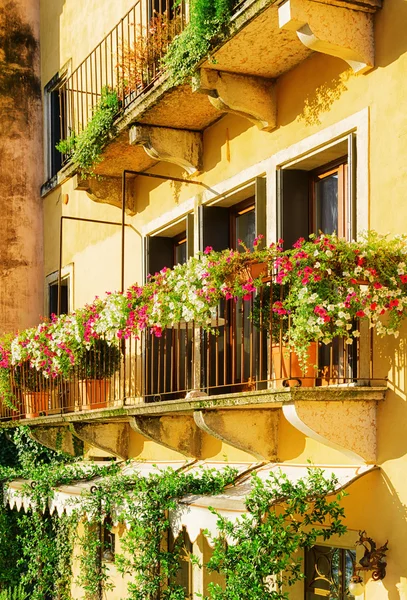 Varandas de casa velha decorada com flores, Verona, Itália — Fotografia de Stock
