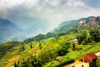 Pirinç terasları ve Vietnam Sapa kasabada güzel görünümü