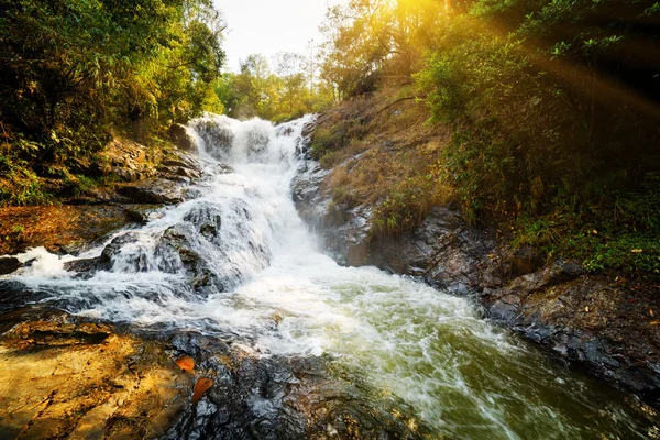 Úžasný pohled přírodní vodopád mezi zelené lesy při západu slunce — Stock fotografie