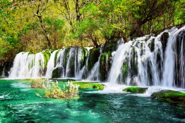 Waterfall and azure lake with crystal water among green woods clipart
