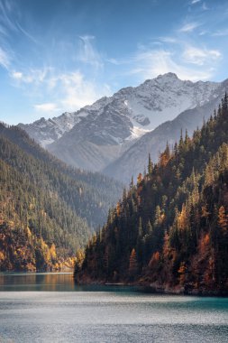 Mavi gökyüzü arka planda karla kaplı dağların inanılmaz görünümü