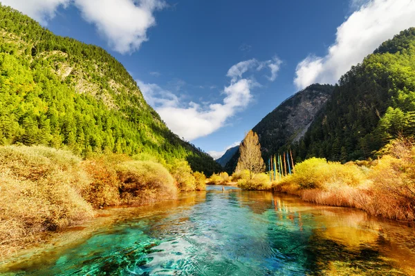 산들 사이에 푸른 수정처럼 맑은 물이있는 놀라운 강 — 스톡 사진