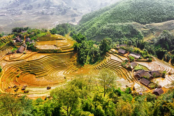 Vista superior de casas de pueblo y terrazas de arroz, Vietnam —  Fotos de Stock