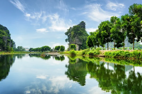 Εκπληκτικό φυσικό Karst πύργους και πράσινα δέντρα που αντανακλώνται στο νερό — Φωτογραφία Αρχείου