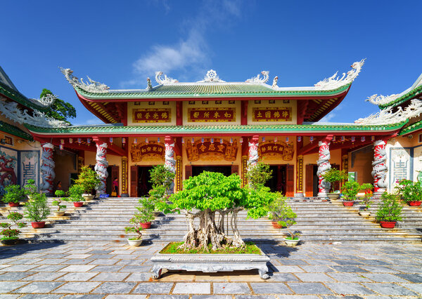 Main view of the Linh Ung Pagoda on blue sky background, Danang