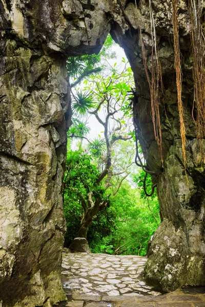 Vista panorámica de la puerta en las rocas y la pasarela de ladrillo que conduce a los bosques —  Fotos de Stock