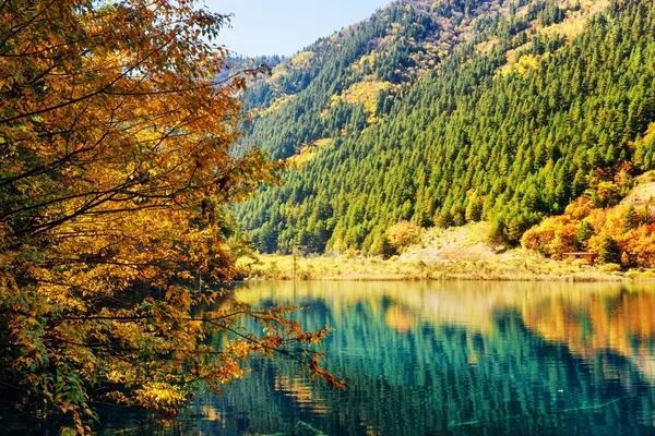 Belo lago entre florestas de queda coloridas e montanhas — Fotografia de Stock