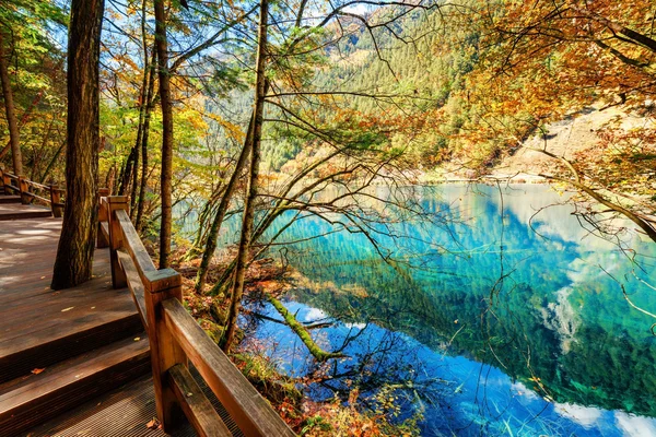 Fantastické azurové jezero mezi pestrobarevnou rozpadem lesů. Podzimní krajina — Stock fotografie