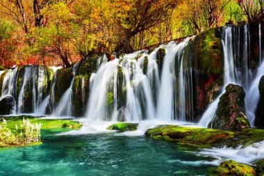 Şelale ve masmavi Gölü arasında kristal suyla woods düşmek
