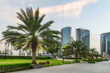 Dubai şehir merkezindeki gökdelenlerin arasında güzel bir park manzarası.