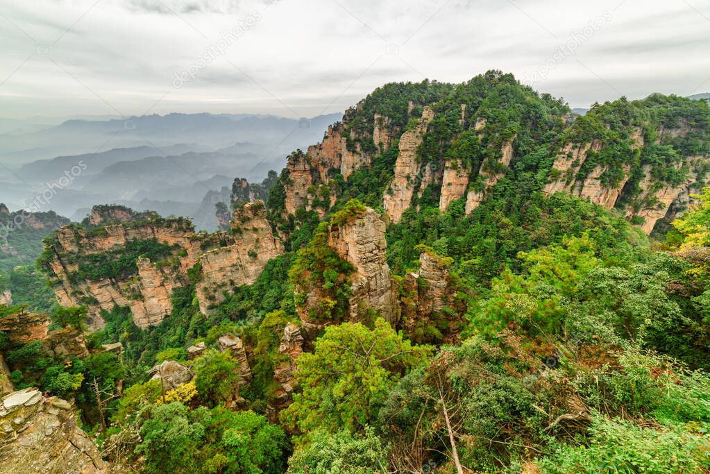 Natural quartz sandstone pillars of the Tianzi Mountains (Avatar Mountains) in the Zhangjiajie National Forest Park, Hunan Province, China. Summer landscape.