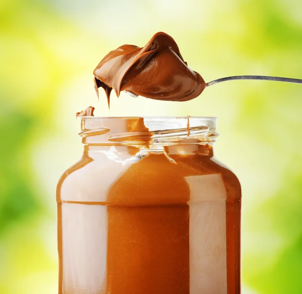 A jar of hazelnut chocolate spread. — Stock Photo, Image