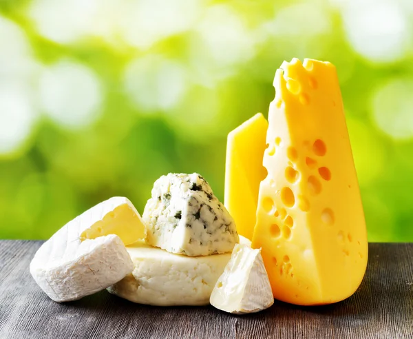 Different types of cheese on nature background — Stock Photo, Image