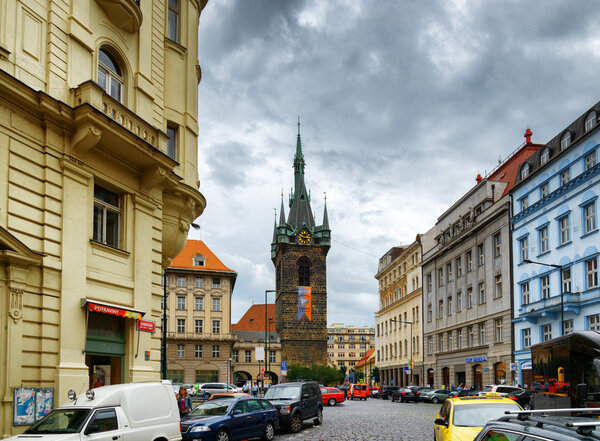 PRAGUE, CZECH REPUBLIC - AUGUST 11, 2014: View of The Henry Bell Tower (Jindrisska tower) in Prague. The Old Town is famous destination in Prague.