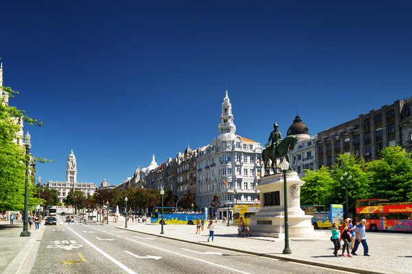 PORTO, PORTUGAL - AUGUST 16, 2014: The Liberty Square in the historic centre of Porto. Porto is one of the most popular tourist destinations in Europe.