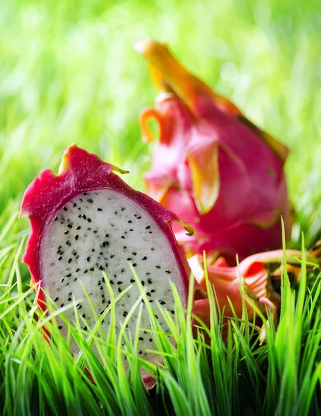 Saftige frische, reife Drachenfrucht oder Pitaya auf grünem Gras — Stockfoto