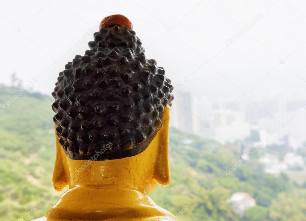 Buddha statue watching Hong Kong from the top of the pagoda of t