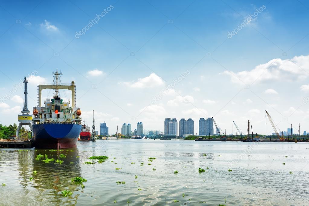Ships on the Saigon River in Ho Chi Minh city, Vietnam