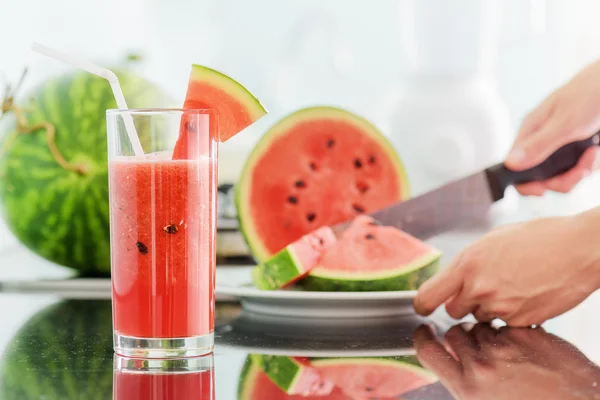 Glass of fresh watermelon juice on table — Stock Photo, Image