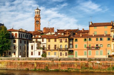 Old houses and the Torre dei Lamberti tower in Verona, Italy