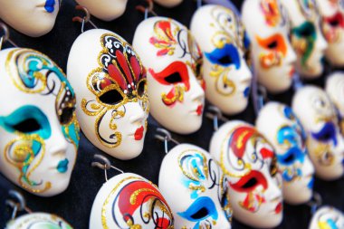 Venetian full-face masks for Carnival in shop, Venice, Italy
