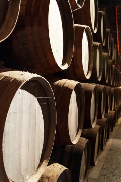 Side view of oak barrels stacked in the old cellar with aging Po — Stock Photo, Image