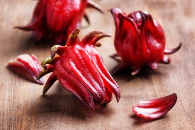 Closeup view of magenta calyces (sepals) of roselle flowers