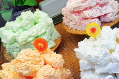 Spanish pastries in shop window of confectionery in Barcelona