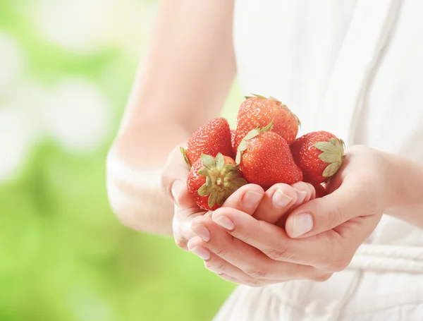 Fresh ripe strawberries in hands of young woman — Stock Photo, Image