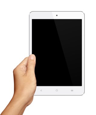 Küçük beyaz Tablet bilgisayar beyaz arka plan üzerinde tutan el