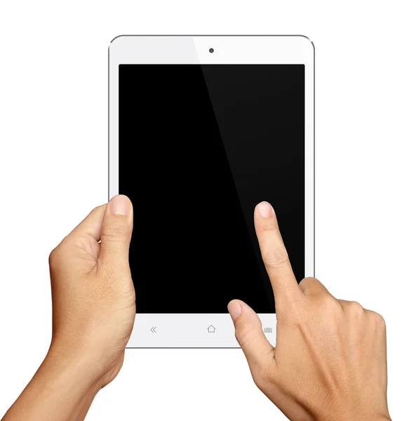 Ręka gospodarstwa i dotyk na mały komputer Tablet biały na białym b — Zdjęcie stockowe