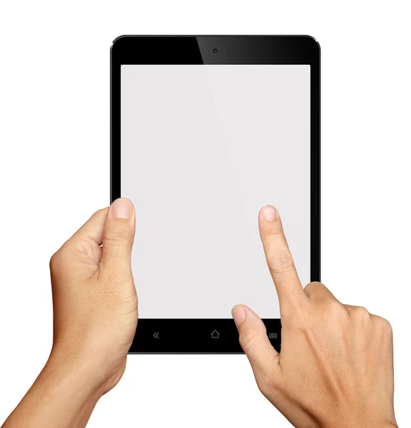 Hand holding and Touch on Small Black Tablet Computer on white b — Stock Photo, Image