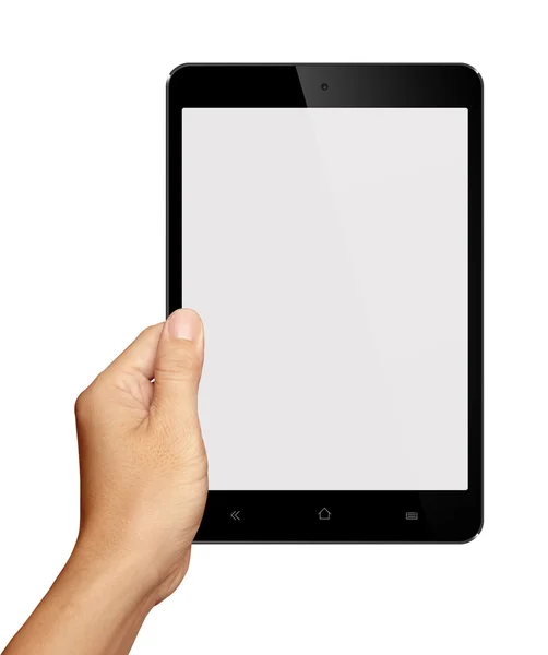 Mână care deține Small Black Tablet Computer pe fundal alb — Fotografie, imagine de stoc