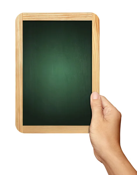 Mão segurando Blackboard no fundo branco — Fotografia de Stock