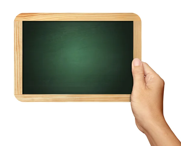 Mão segurando Blackboard no fundo branco — Fotografia de Stock