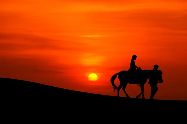 Sillhouette of a journey on horseback  with sunset — Stock Photo, Image