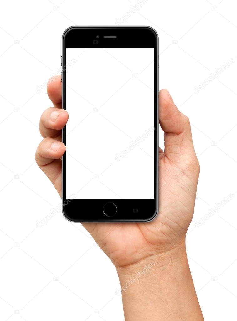 Hand holding Smartphone with blank screen on white