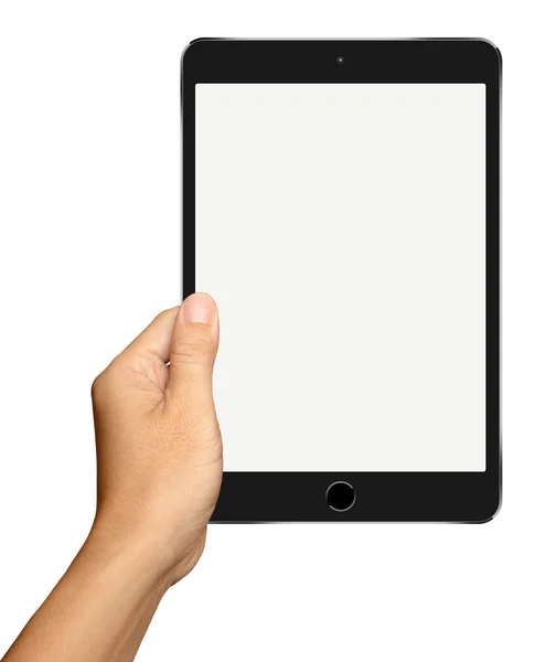 Les mains tiennent petit ordinateur tablette noire sur fond blanc — Photo