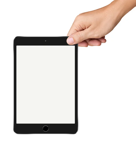 손이 흰색 백그룬에 작은 검은 색 태블릿 컴퓨터를 들고있다 — 스톡 사진